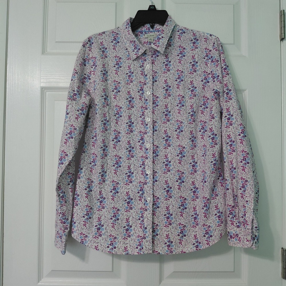 LL Bean Womens Medium Purple Blue Floral Cotton Stretch Button Down Shirt 284233